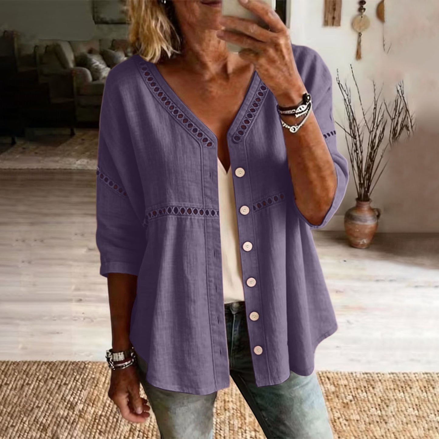 Cardydony Women's Solid Color Openwork Lace Patchwork Comfortable Linen Blend Cardigan