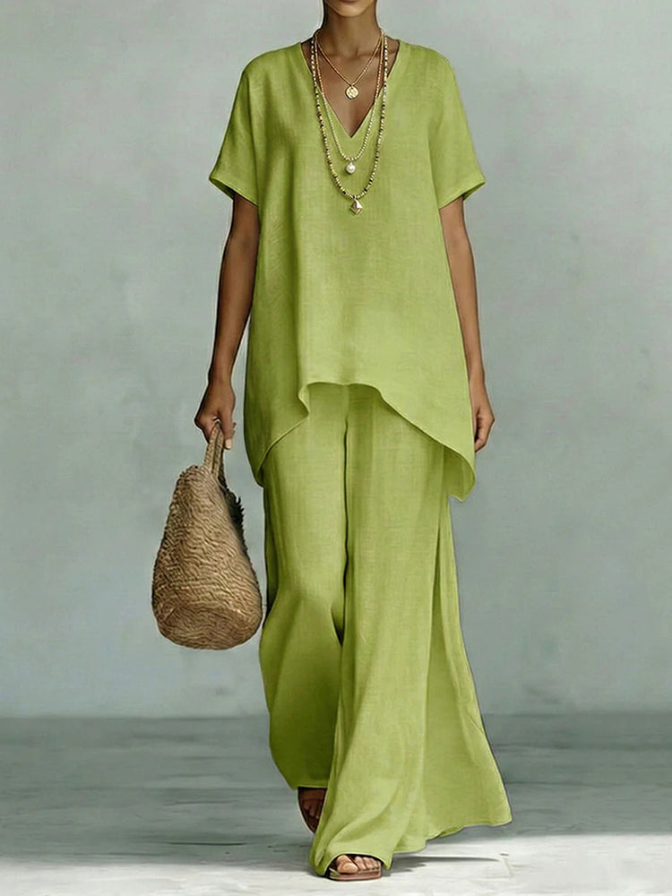 Cardydony Linen V-neck Short-sleeved Loose Top And Wide-leg Pants Two-piece Set