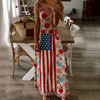 Cardydony Women's Vintage Independence Day Flag & Rose Print Long Dress