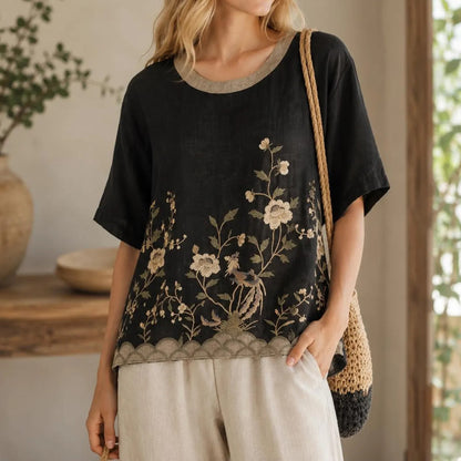 Cardydony Women's Summer Floral In Macarons Colorful Art Linen Blend Short Sleeve Tops