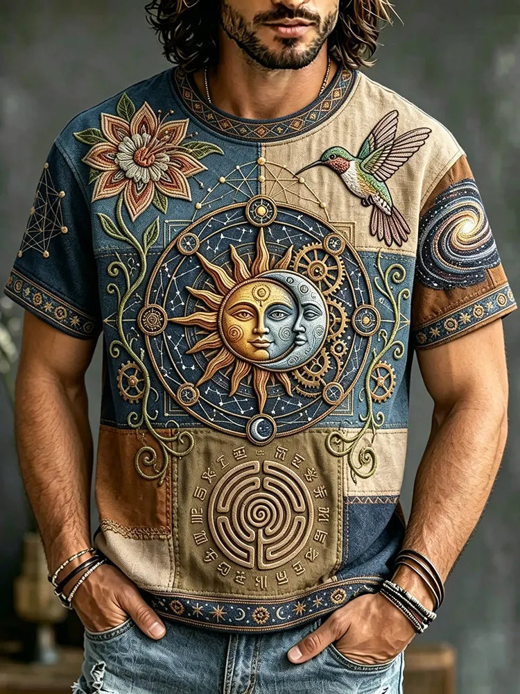 Cardydony Men's Hippie Starry Sky Sun Moon Hummingbird Art Print T-shirt