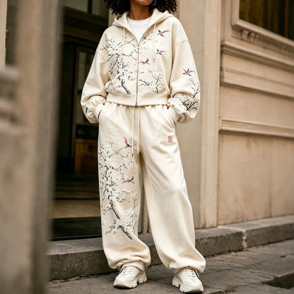 Cardydony Women's Japanese Floral And Bird Art Print Zip Up Hoodie Two Piece Set