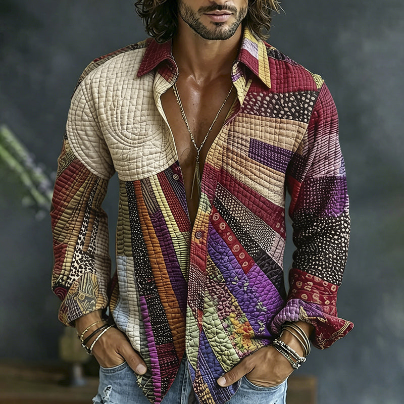 Cardydony Men's Causal Spring Hippie Vibe Colorful Sun Collage Art Print Flowy Linen Blend Shirt