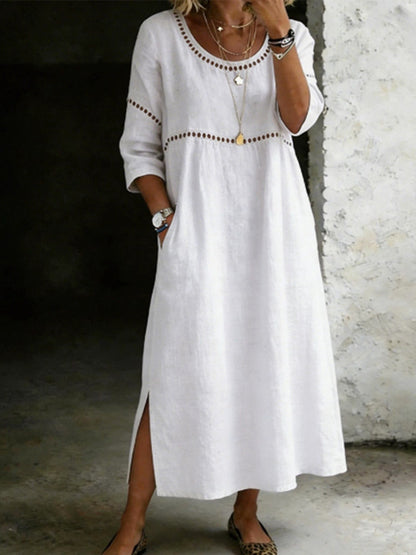 Cardydony Women's Solid Color Round Neck Split Linen Blend Midi Dress