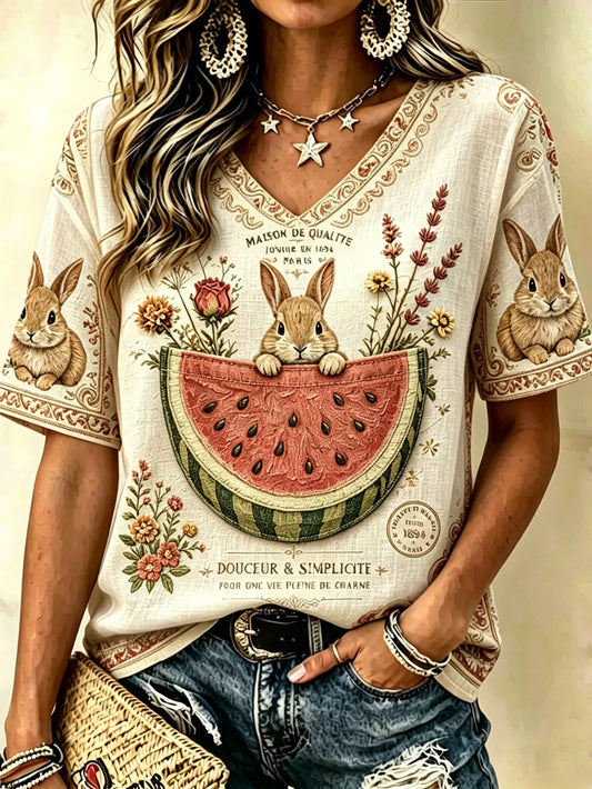 Cardydony Women's Retro Rabbit Floral Embroidery Print V-neck Top