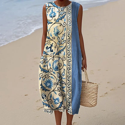 Cardydony Ethnic Floral Suzani Embroidered Contrast Linen Midi Dress