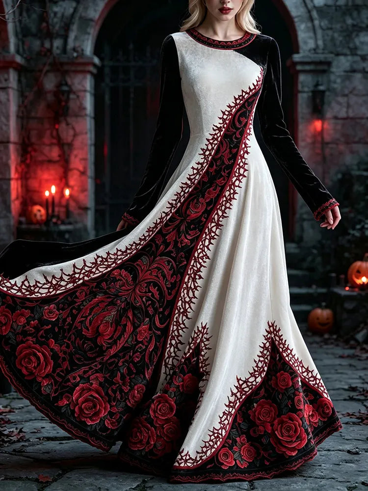 Cardydony Women's Retro Gothic Floral Print Velvet Long-sleeved Flowy Dress
