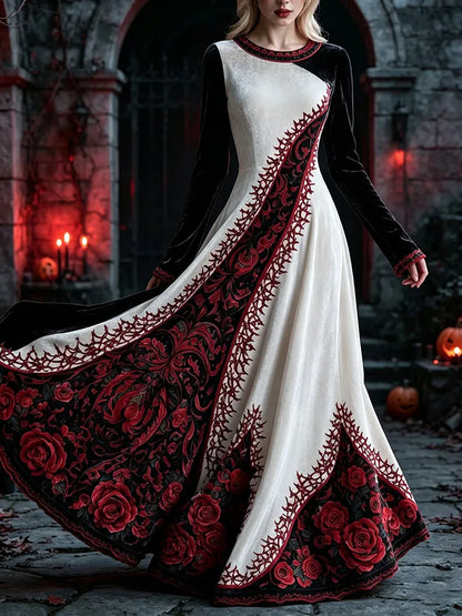 Cardydony Women's Retro Gothic Floral Print Velvet Long-sleeved Flowy Dress