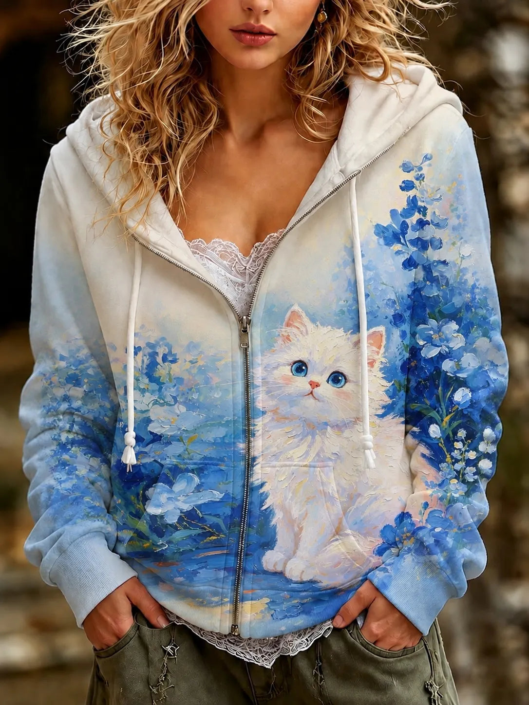 Cardydony Women's Cute Cat And Floral Print Casual Zip Up Hoodie