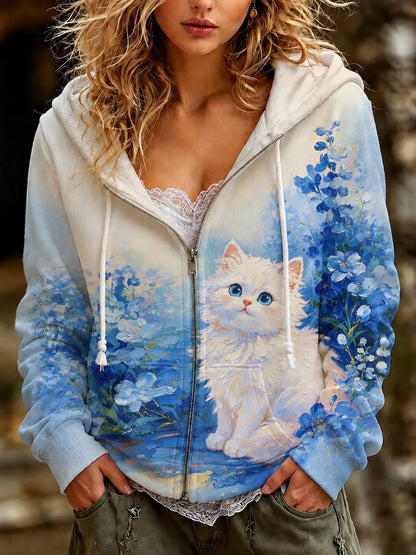 Cardydony Women's Cute Cat And Floral Print Casual Zip Up Hoodie