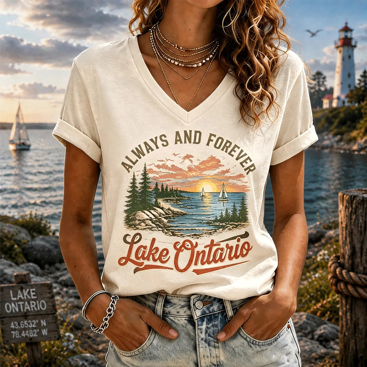 Cardydony Retro Sunset Lakeside Ontario Timeless V-neck T-shirt
