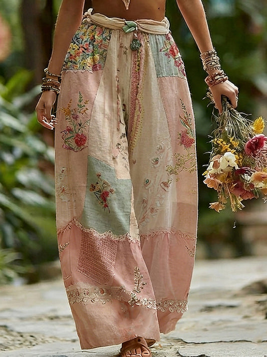 Cardydony Women's Rose Floral Patchwork Casual Resort Linen Blend Pants