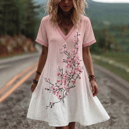 Cardydony Women's Retro Cherry Blossom Gradient Design Short Sleeve Mini Dress