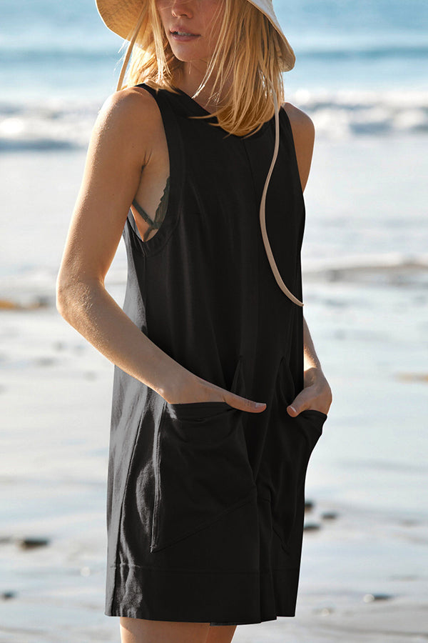 Cardydony Women's Solid Color Casual Round Neck Sleeveless Pocket Loose Rompers