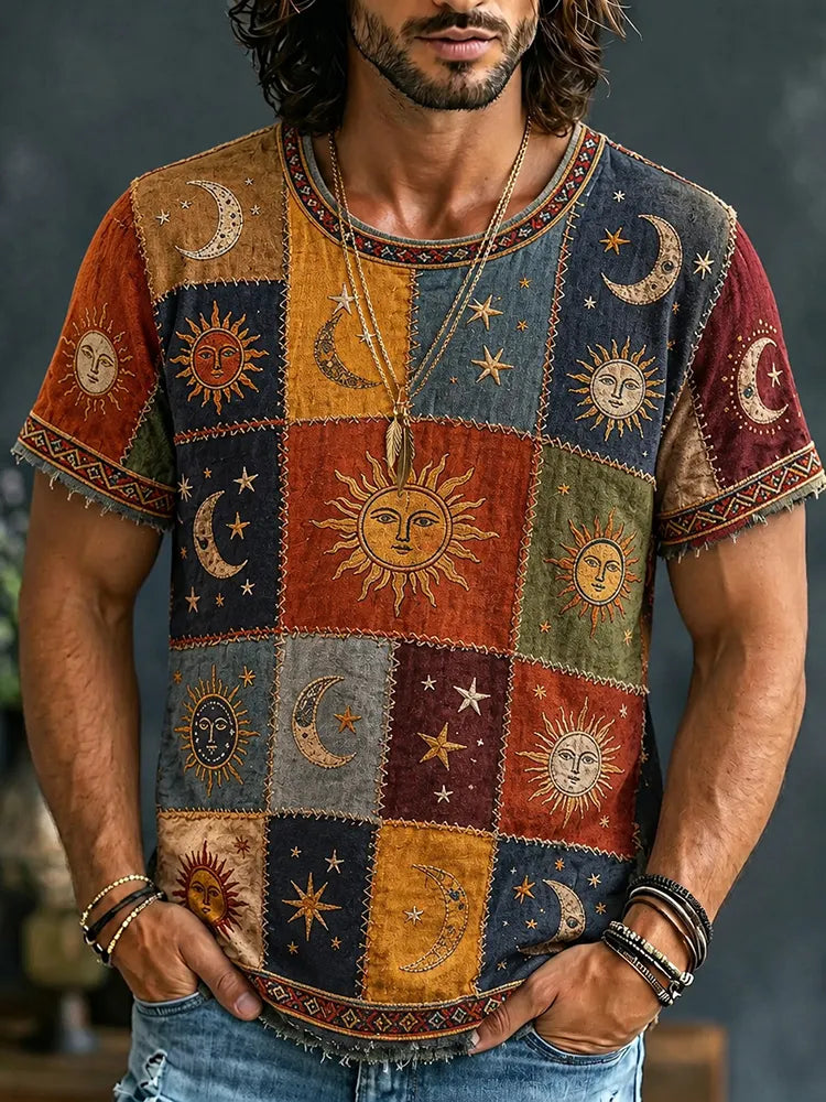 Cardydony Men's Hippie Sun Moon Geometric Patchwork Print Short Sleeve T-shirt