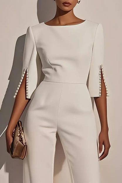 Cardydony Women's Solid Color Round Neck Beaded Decoration Slim Fit Casual Jumpsuit
