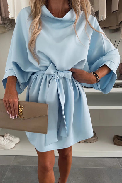 Cardydony Women's Solid Color Loose Round Neck Belted Mini Dress