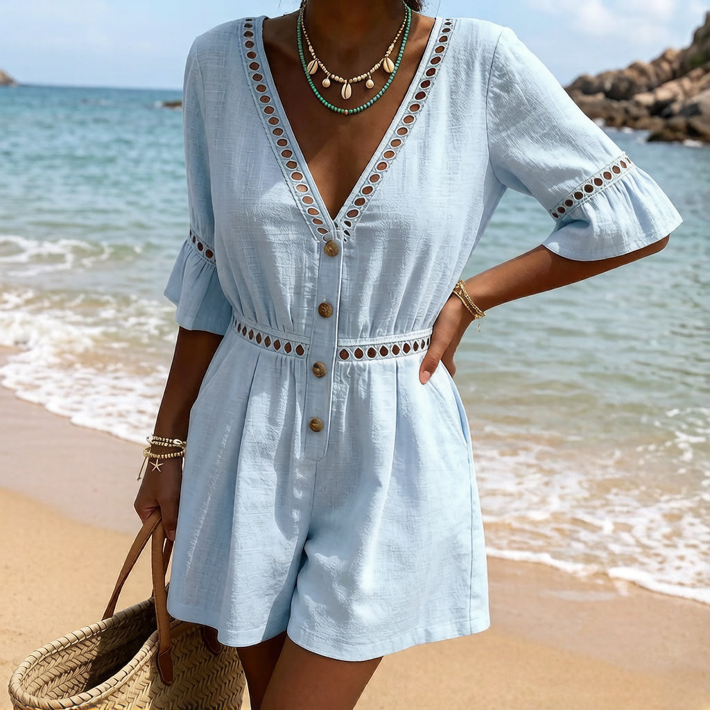 Cardydony Women's Vintage Hollow-out Design Cotton Linen Mini Jumpsuit
