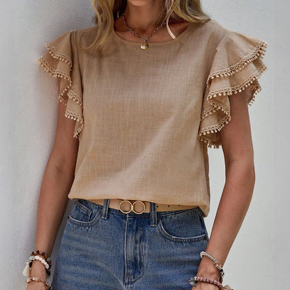 Cardydony Women's Casual Round Neck Loose Ruffle Batwing Sleeve Short-sleeved Top
