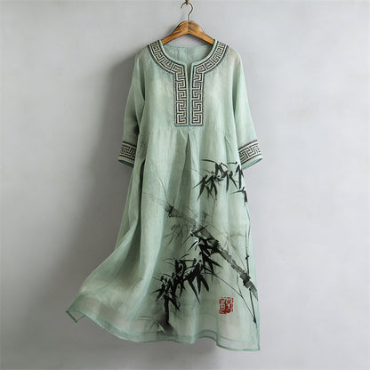 Cardydony Classy Japanese Bamboo Art Flowy Linen Maxi Dress
