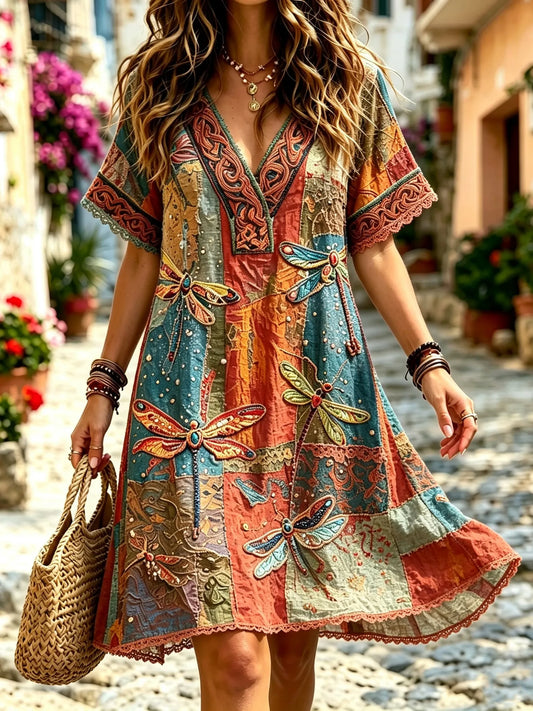 Cardydony Women's Retro Bohemian Hippie Style Dragonfly Embroidered Sequin Print V-neck Dress