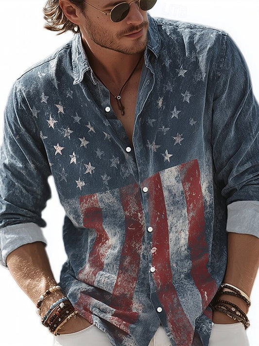 Cardydony Men's American Us Flag Patriotic Print Cotton And Linen Long Sleeve Shirt