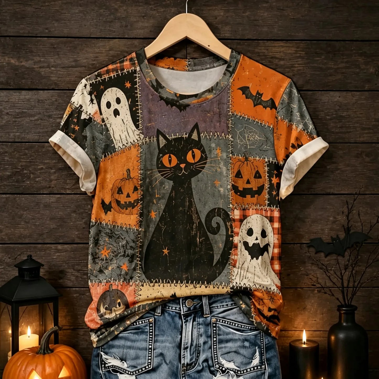 Cardydony Women's Retro Halloween Theme Cat Print Casual T-shirt