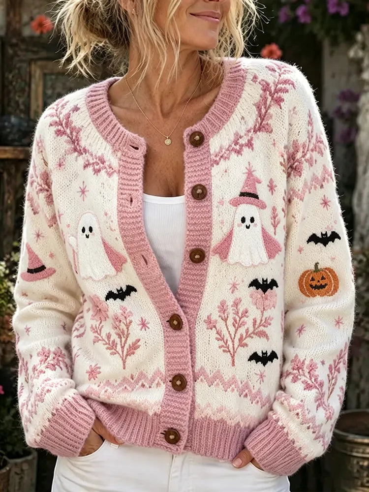 Cardydony Women's Pink Halloween Pumpkin Bat Ghost Floral Print Crew Neck Cardigan