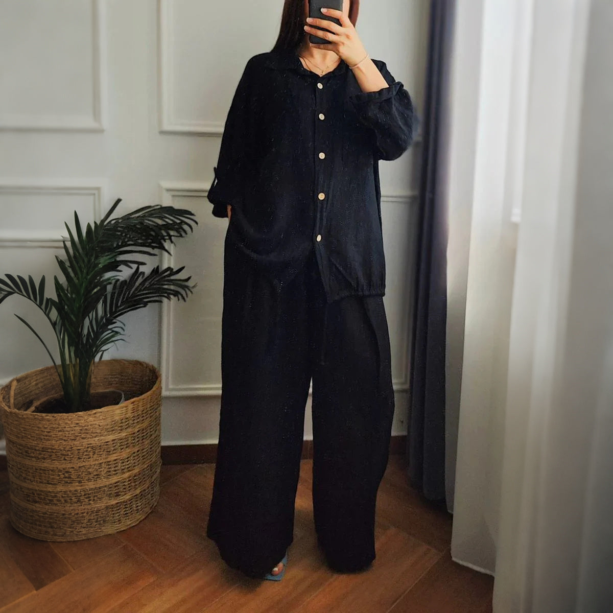 Cardydony Casual Loose Linen Solid Color Shirt Wide-leg Pants Two-piece Set