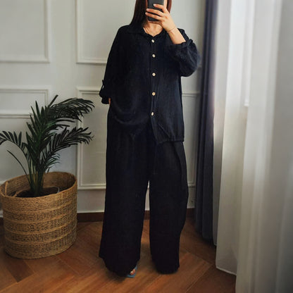 Cardydony Casual Loose Linen Solid Color Shirt Wide-leg Pants Two-piece Set