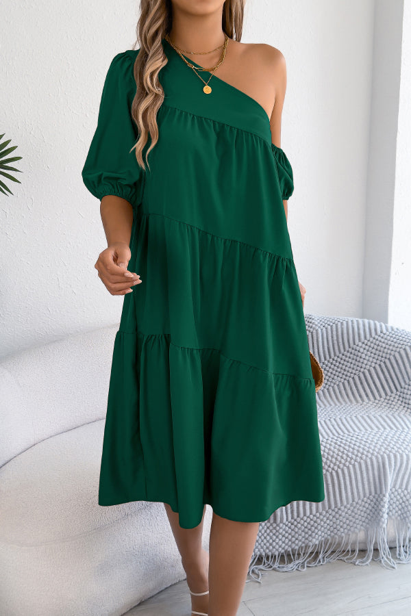 Cardydony Women's Solid Color Loose Slash Neck Short-sleeved Casual Midi Dress