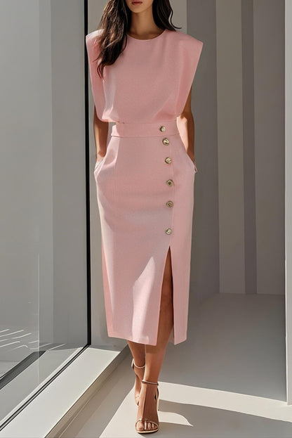 Cardydony Women's Solid Color Round Neck Sleeveless Button Slit Midi Dress