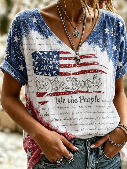 Cardydony Women's Independence Day We The People Casual V-neck T-shirt