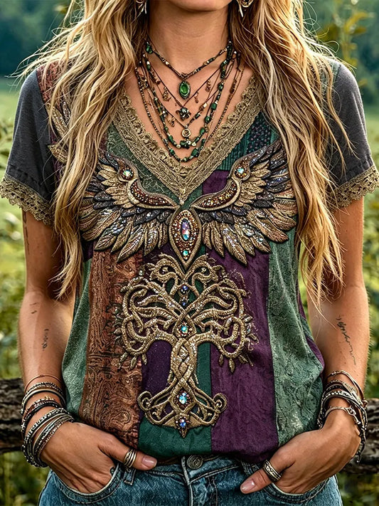 Cardydony Vintage Tree Of Life Wing Heavy Embroidery Blouse, Bohemian Lace Trim Color Block V Neck Tee, Western Hippie Rhinestone Casual Top