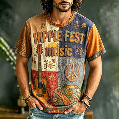 Cardydony Men's Casual Color Block Music Letter Retro Hippie Crew Neck T-shirt