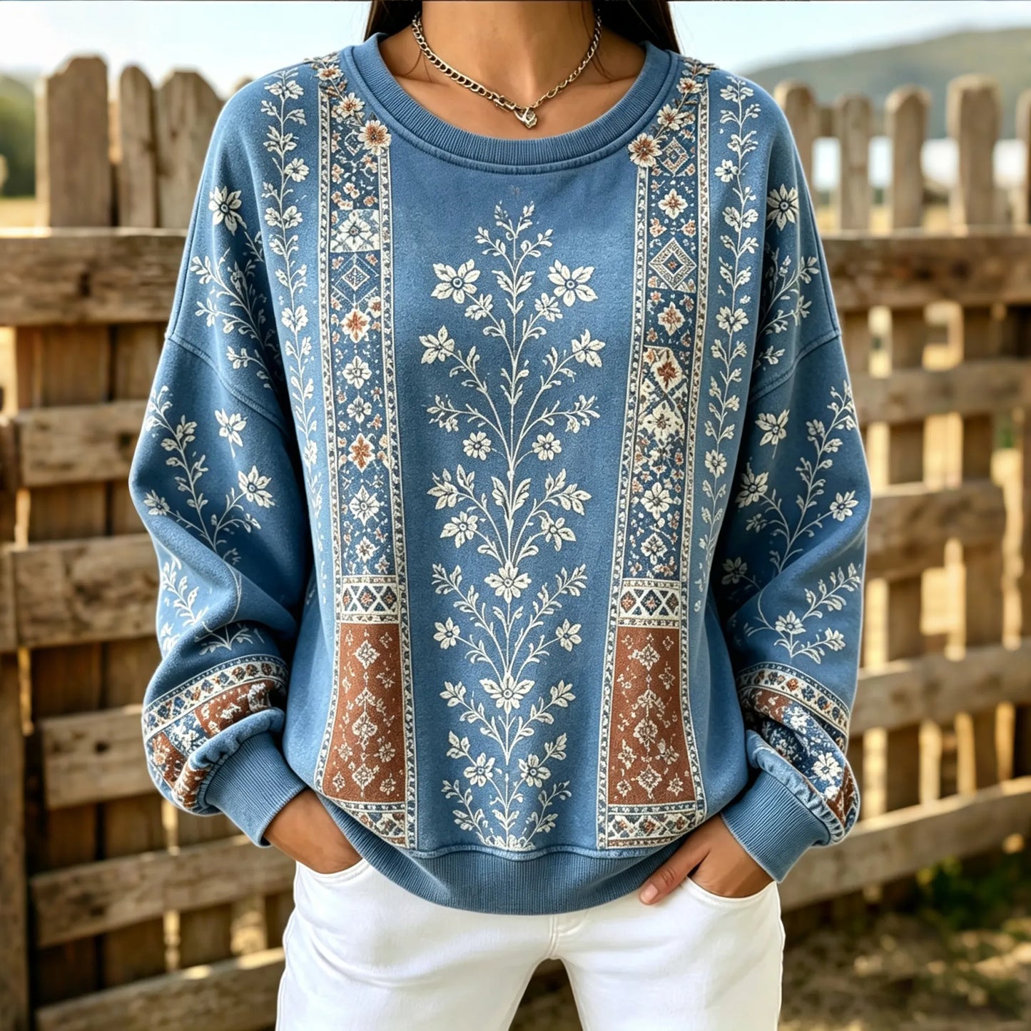 Cardydony Women's Retro Floral Print Casual Crew Neck Sweatshirt