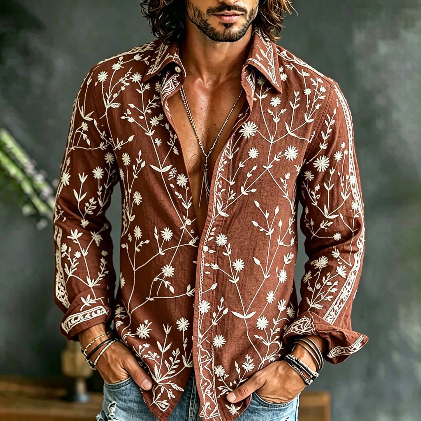 Cardydony Men's Spring Summer Floral Embroidered Art Print Flowy Linen Blend Shirt
