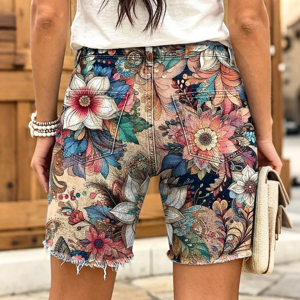 Cardydony Women's Retro Floral Art Print Denim Shorts