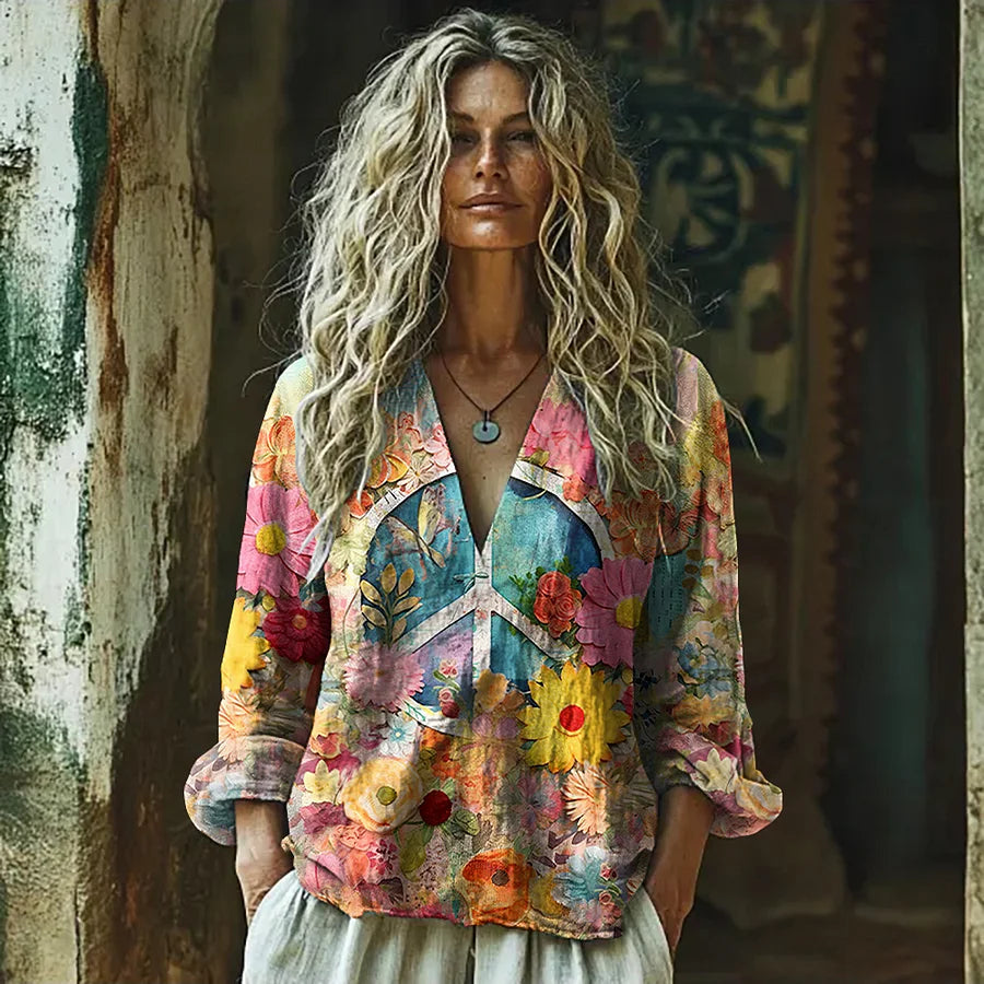 Cardydony Vintage Hippie Vibe Peace And Love Hippie Floral Painting Art Linen V Neck Long Sleeve Shirt