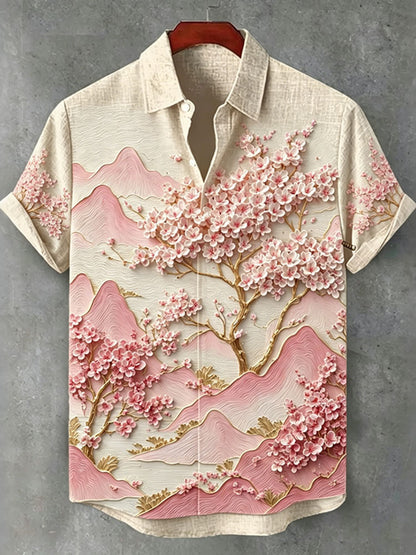 Cardydony Men's Floral Cloud Pattern Cotton Linen Short-sleeved Shirt