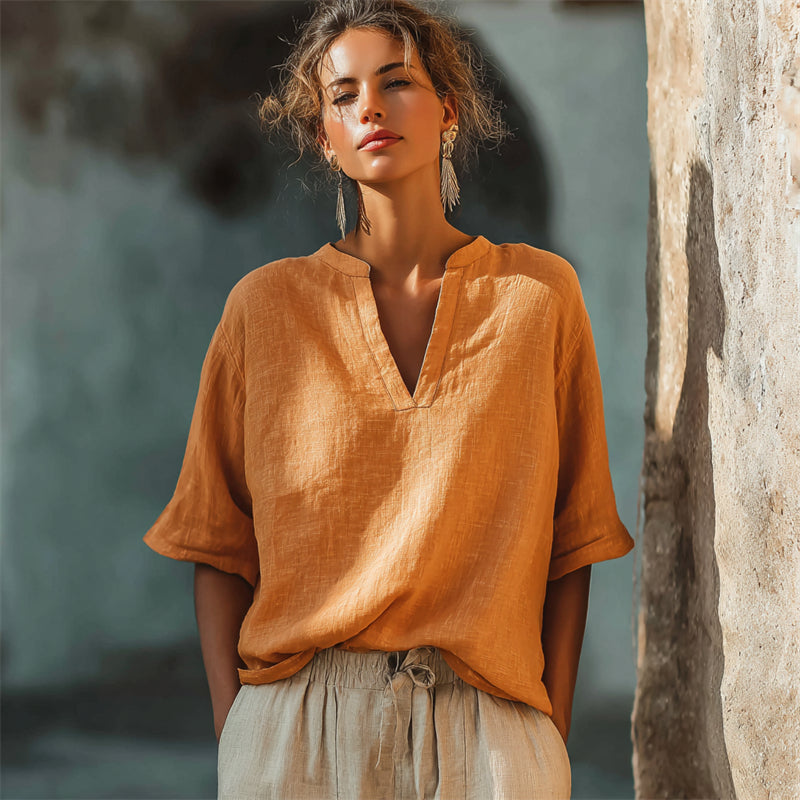 Cardydony Vintage Notch Neck Oversize Linen Tunic