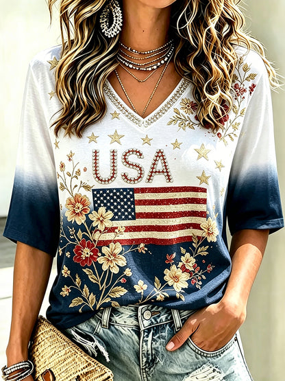 Cardydony Women's Independence Day Flag And Floral Print Three Quarter Sleeves T-shirt