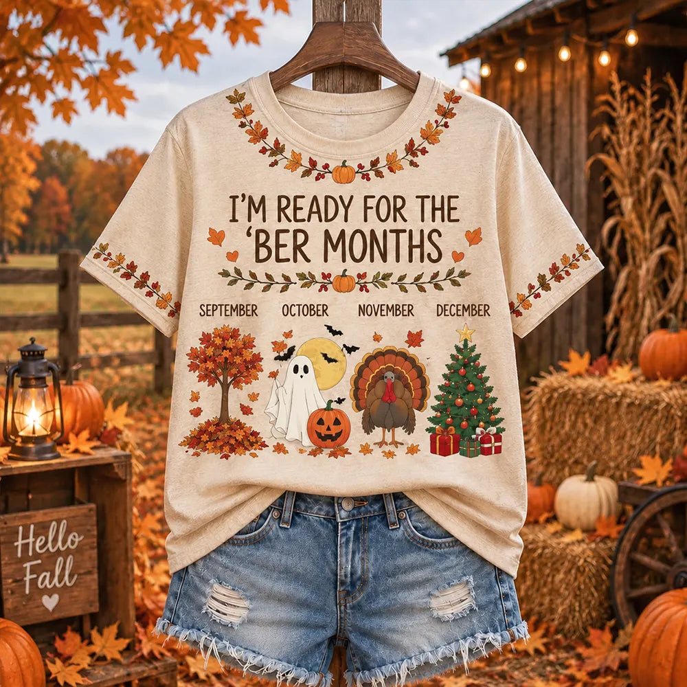 Cardydony Women's "i'm Ready For The 'ber Months" Seasonal Foliage Ghost Turkey And Christmas Tree Graphic T-shirt