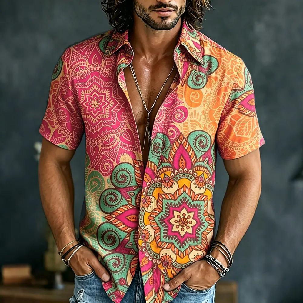 Cardydony Men's Retro Hippie Pattern Short-sleeve Cotton Linen Shirt