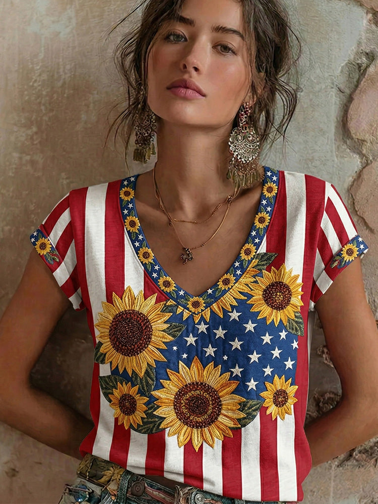 Cardydony Women's Retro Flag Sunflower Art Pattern V-neck Short Sleeve T-shirt