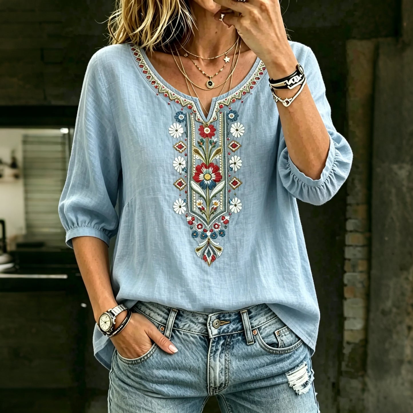 Cardydony Women's Ethnic Floral Retro Mid-sleeve Cotton Linen Top