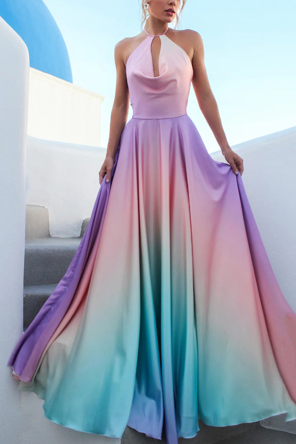 Cardydony Women's Fashionable Gradient Halter Neck Backless Tie-up Elegant Full Hem Maxi Dress