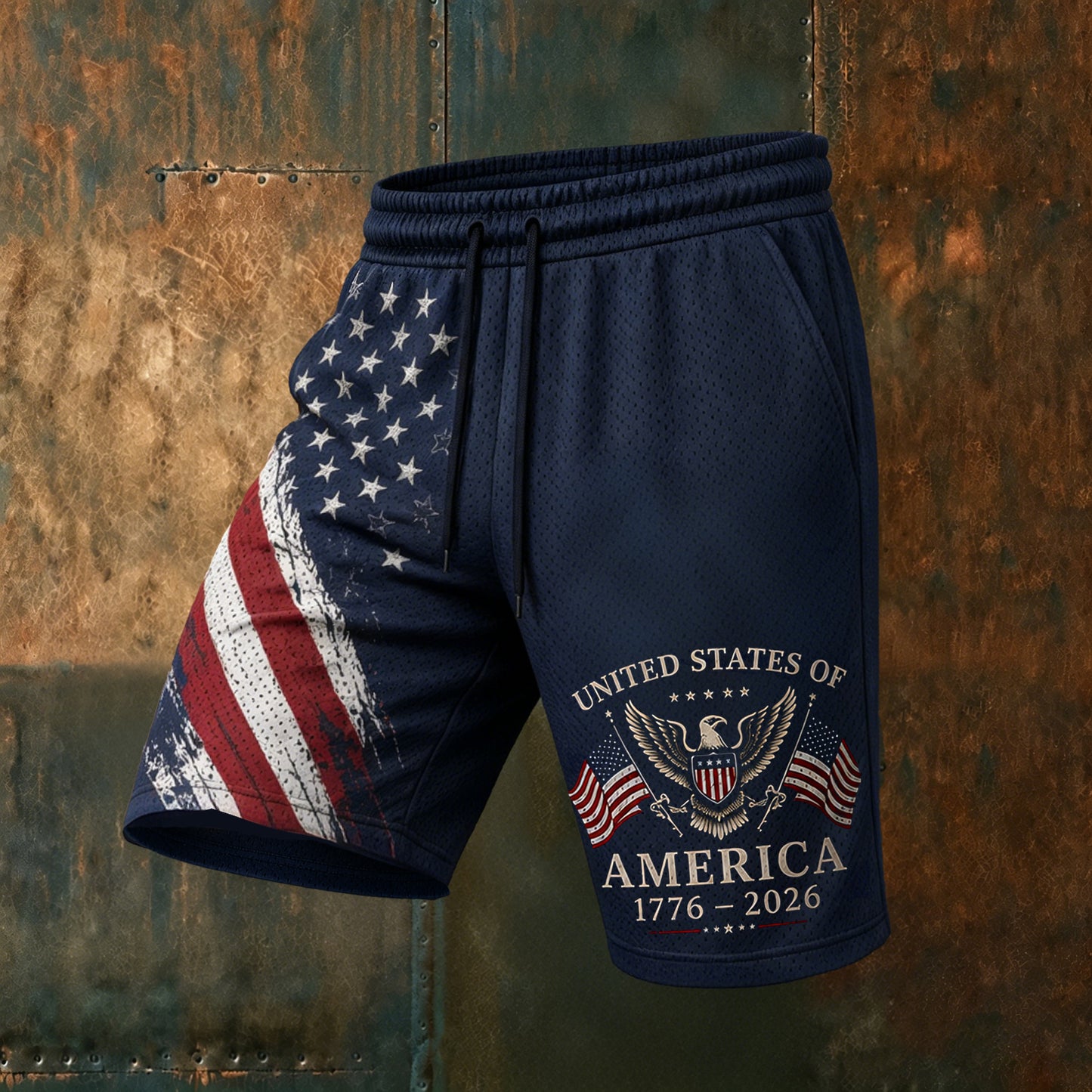 Cardydony Men's Usa Anniversary Flag With Eagle Pattern Casual Mesh Shorts