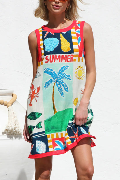 Cardydony Women's Summer-themed Printed Round Neck Sleeveless Pocket Loose Mini Dress
