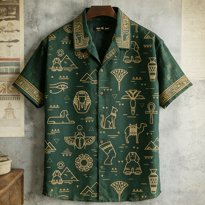 Cardydony Egyptian Tribal Pattern Retro Linen Short-sleeve Shirt